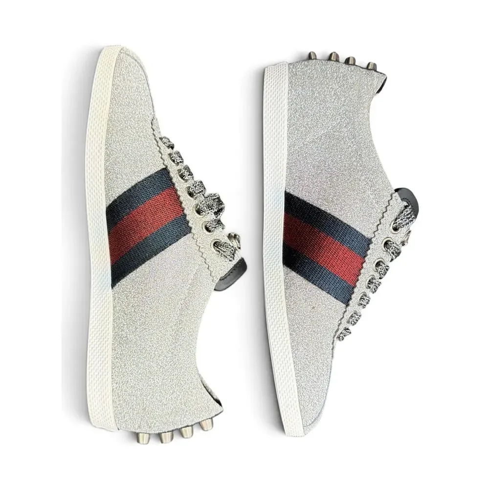 Gucci Women’s US 5/5.5 Bambi Web Low-Top Silver Glitter Sneakers